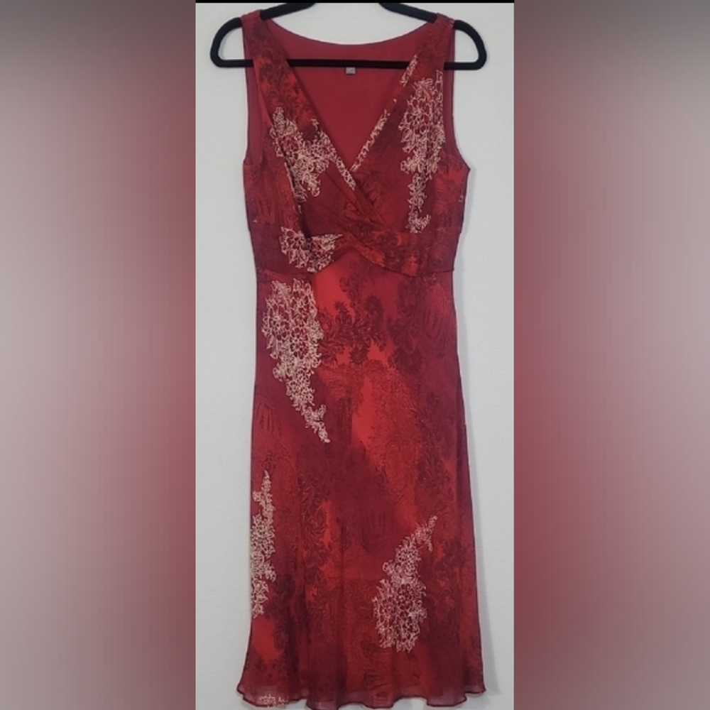 Y2K Ann Taylor 100% Silk Midi Dress Size 10 Babydoll Floral Red Whimsigoth Fairy